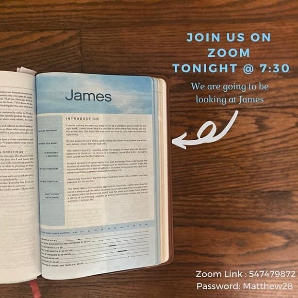 Join us tonight for our large group time online. The meeting ID and password are on the pic. We will begin our study in the book of James and see why we need to have steadfast faith in the midst of trials.