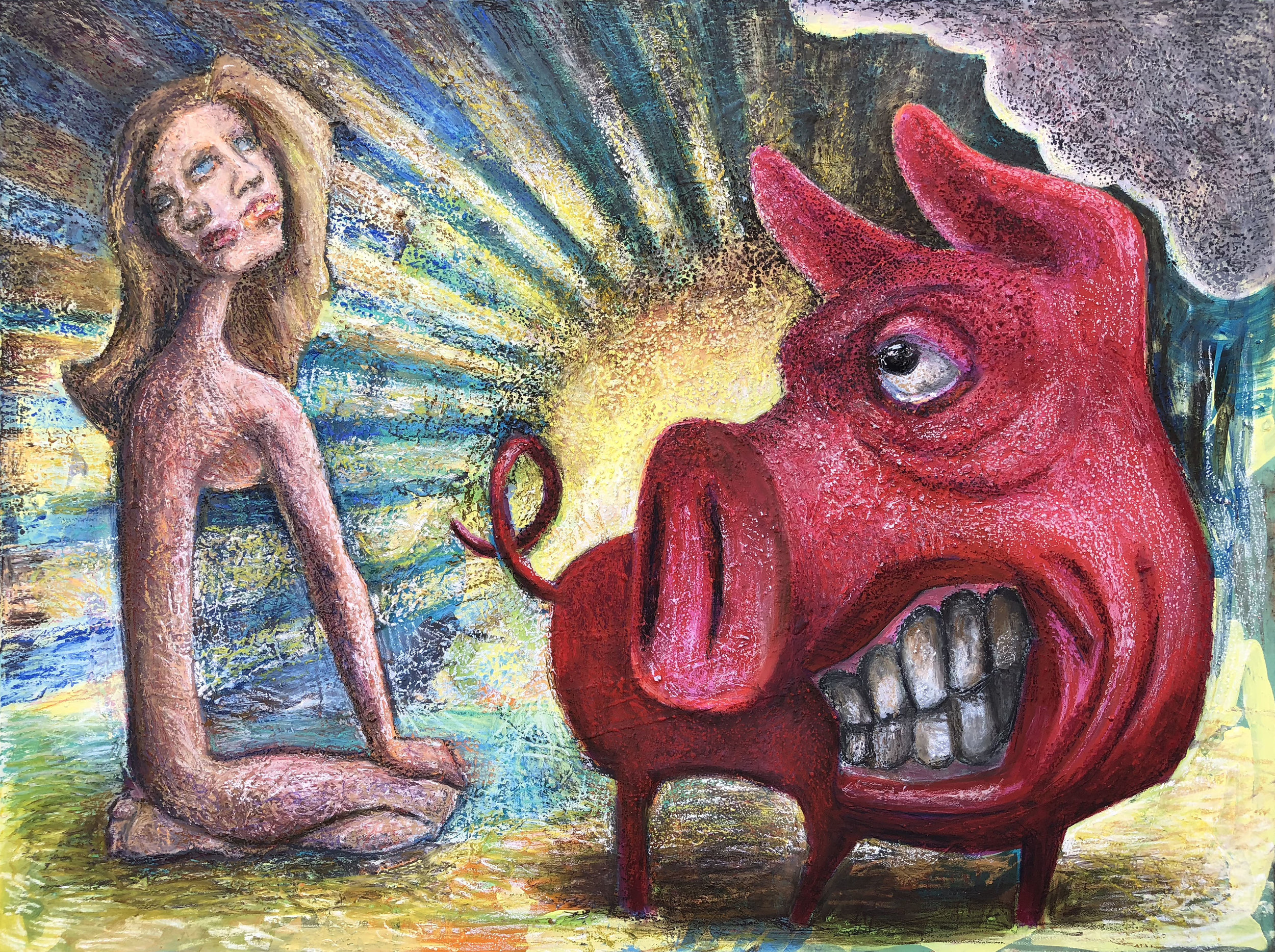 "Girl and The Pig" 2018 36" x 48" Acrylic and oil pastels on textured stretched canvas