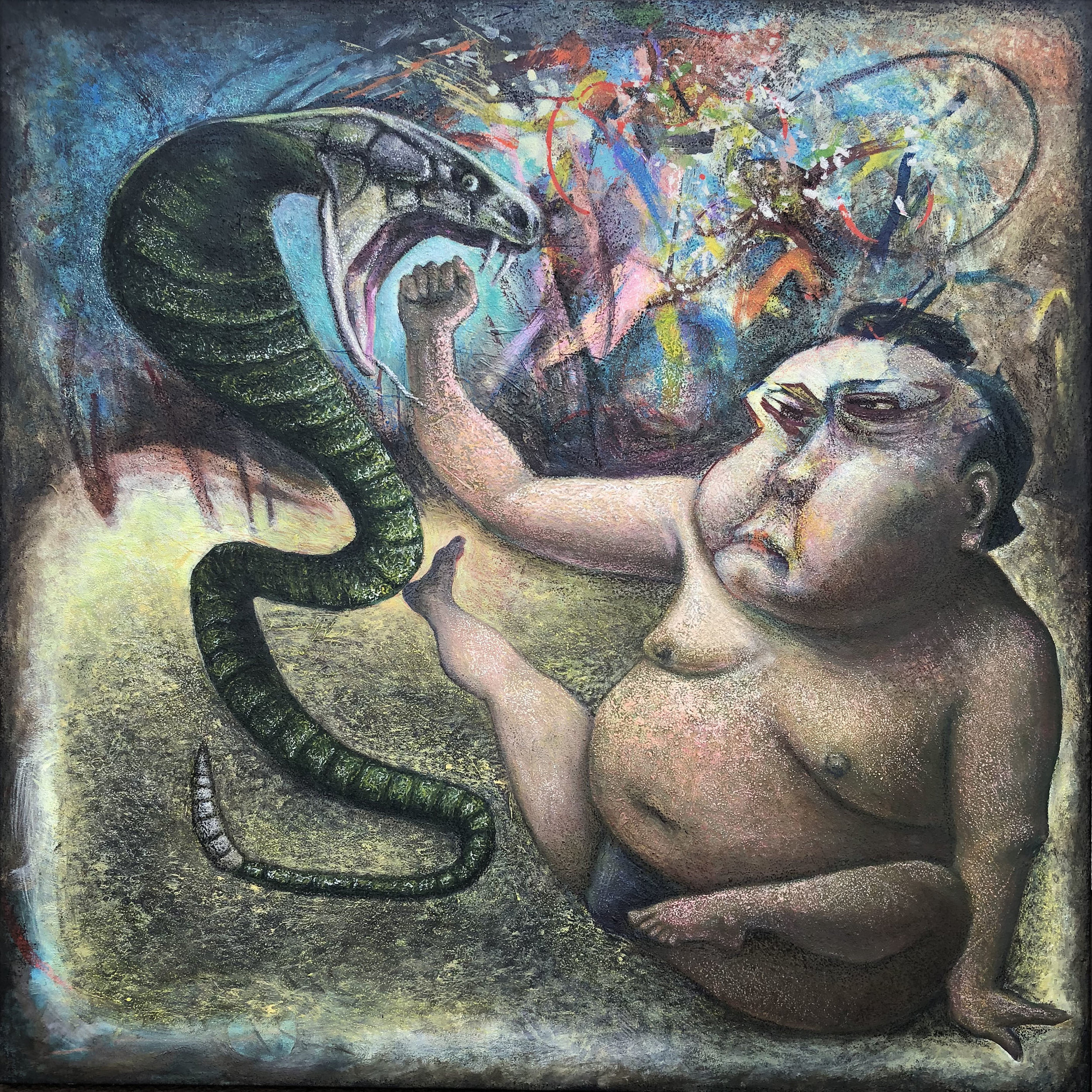 "The Snake And The Sumo" 2018 40" x "40 Acrylic on textured stretched canvas