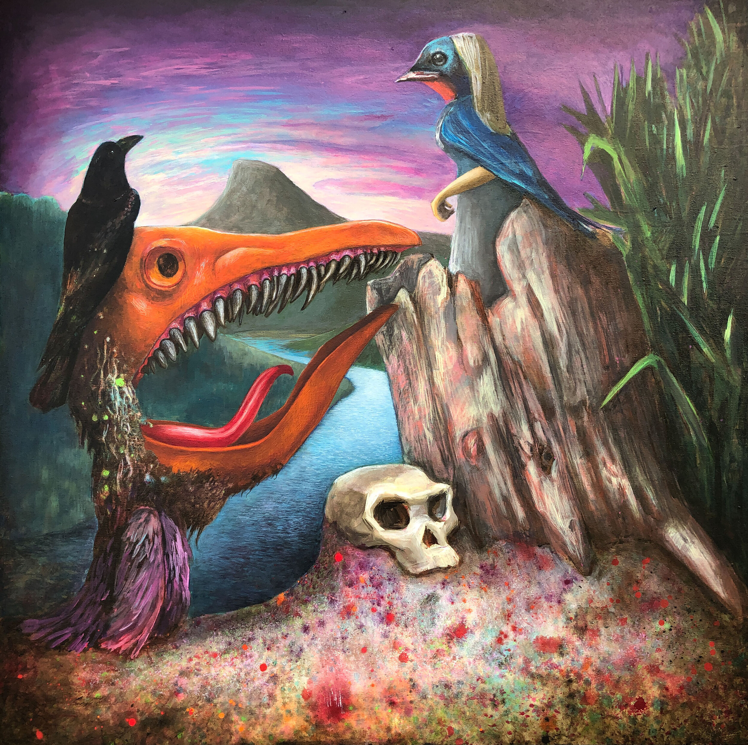 "The Crow and The Sparrow" (Aesop's Fable) 2020, 40" x 40" Acrylic on Stretched canvas 