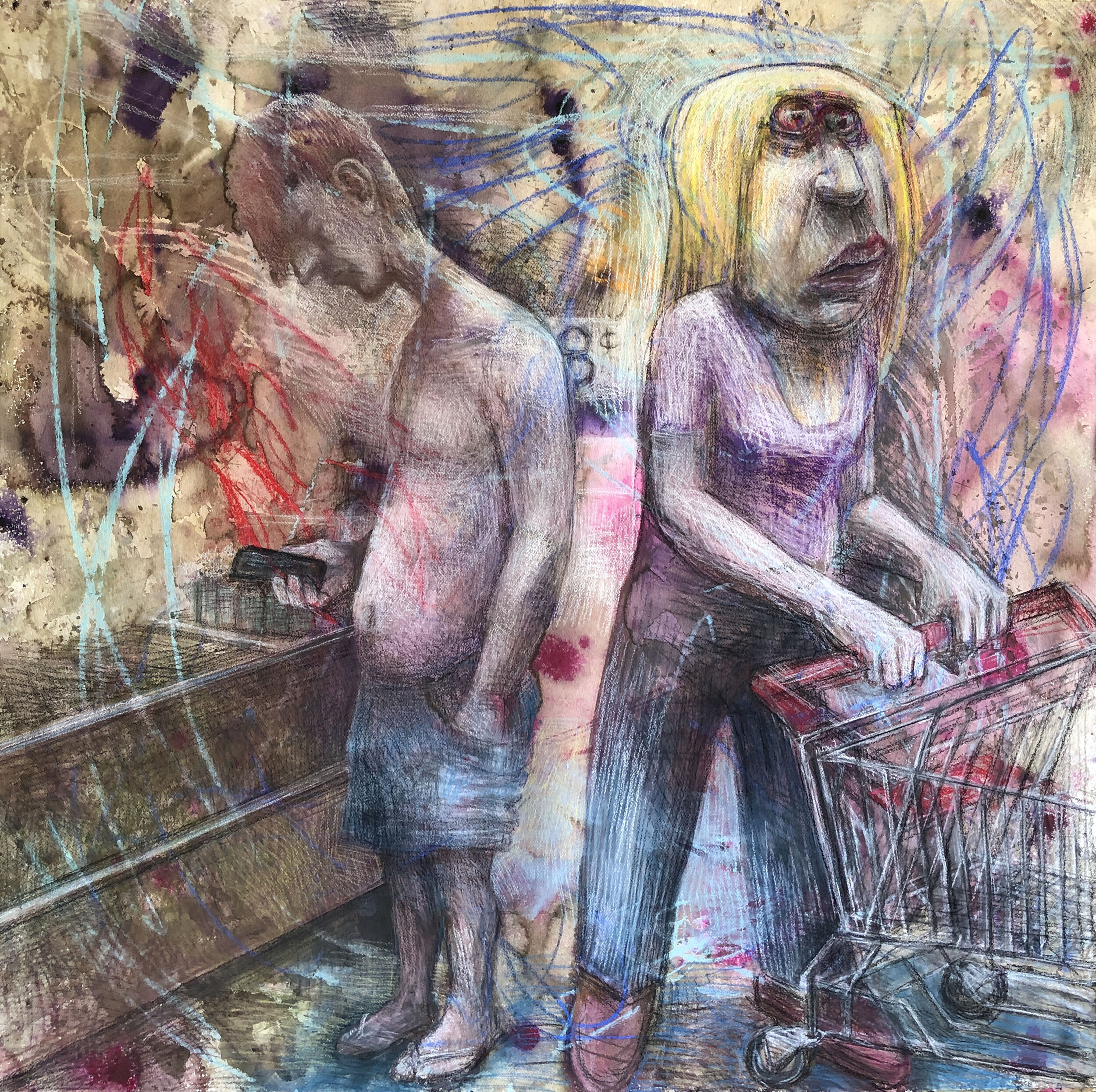 "Lost in a Supermarket" 2021 42" x42" Mixed media on paper