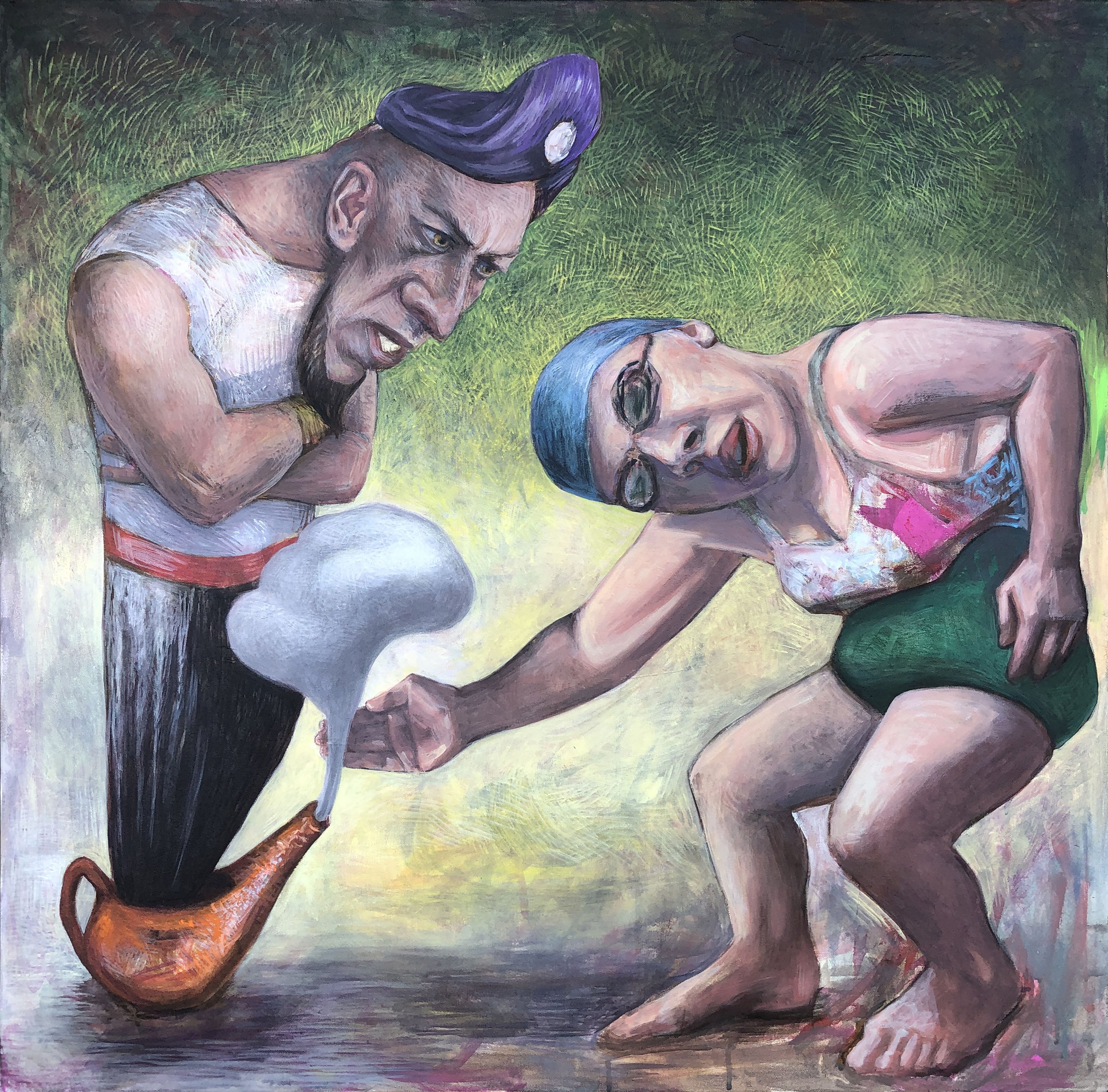 "Genie and the Swimmer" 2021 Acrylic on Canvas 40" x 40"