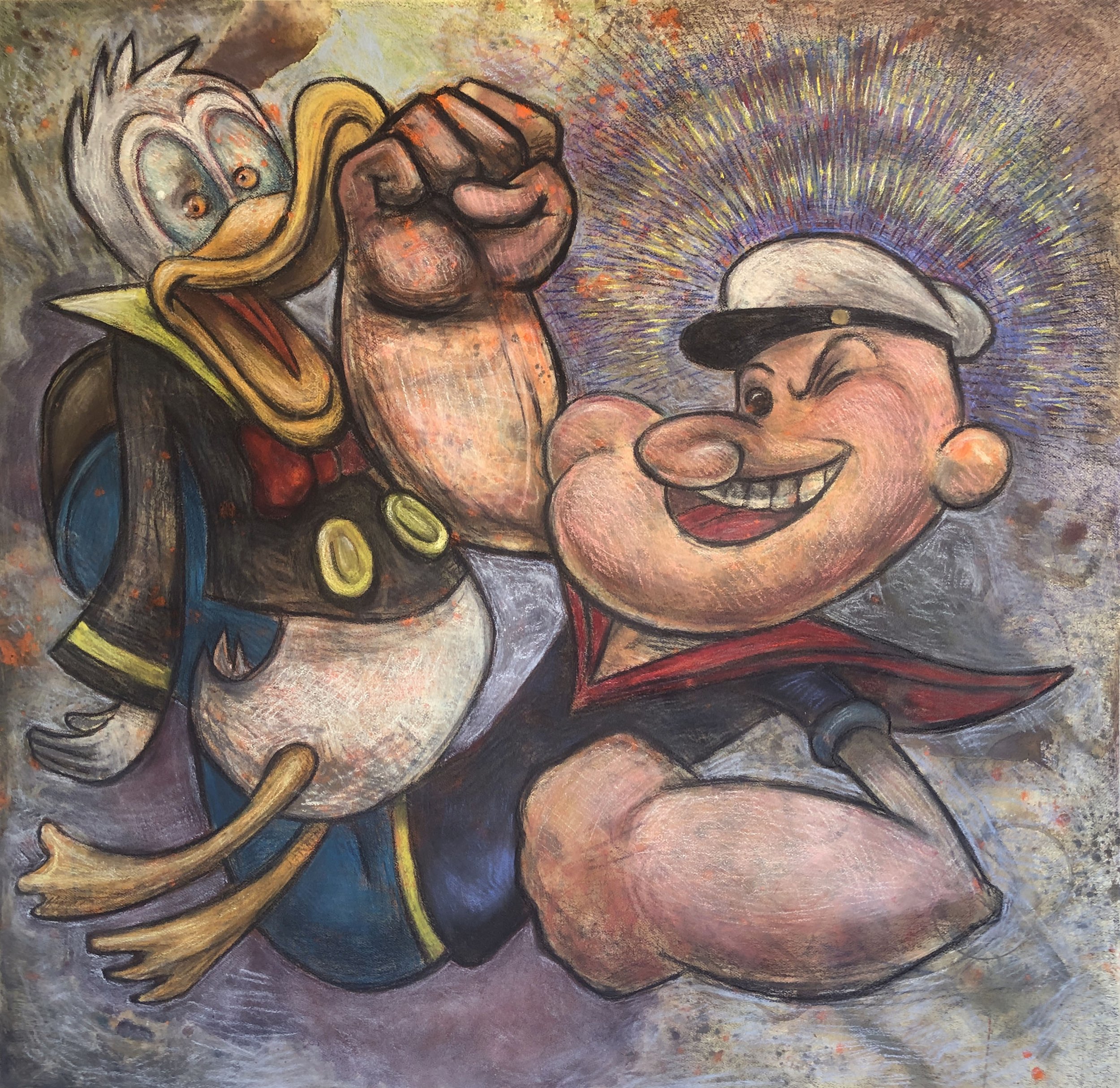 "Slapstick Brawl" 2022 Mixed Media on 140 lb. Watercolor paper 44.5" x 43"