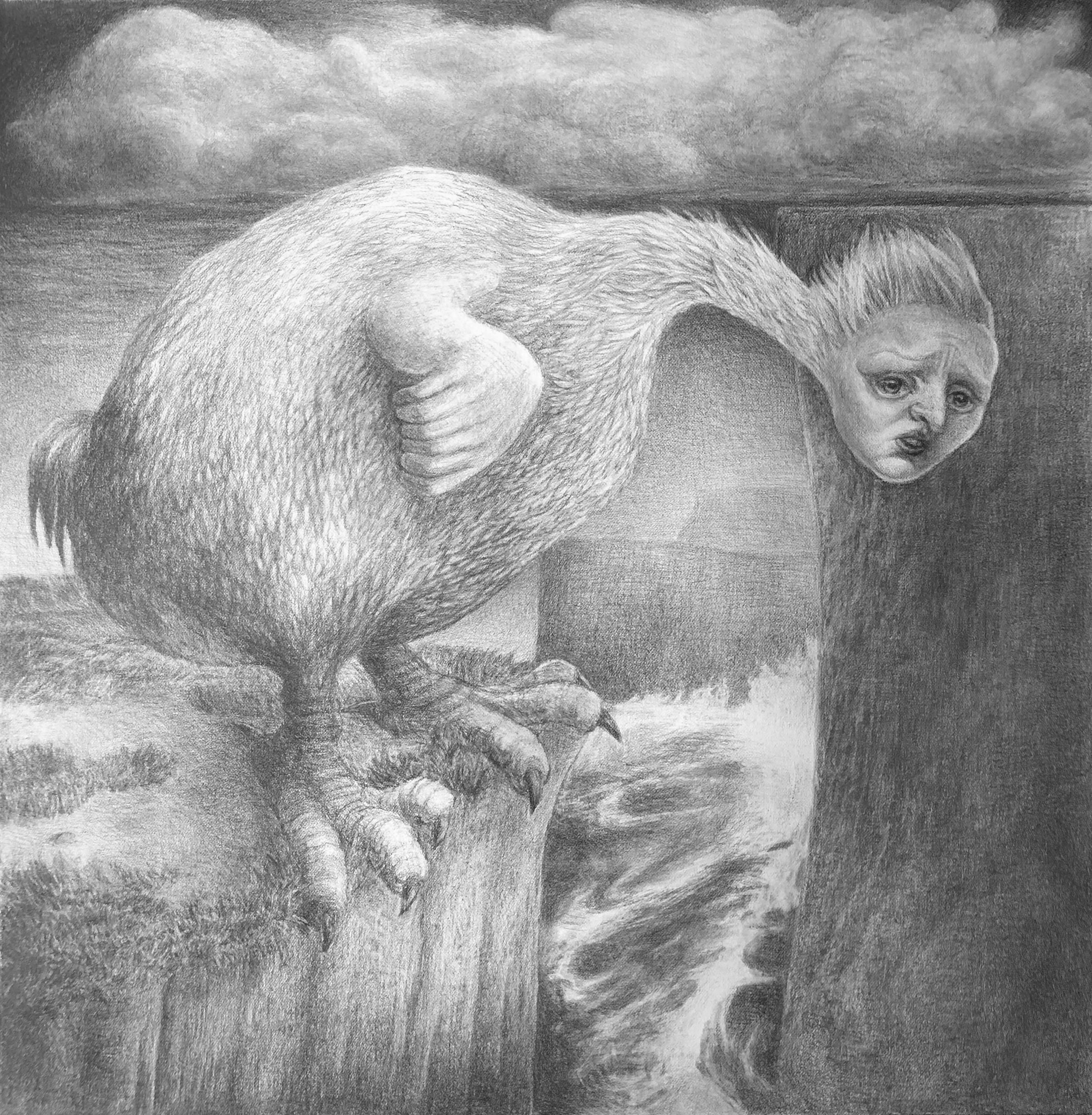 "What Killed The Dodo?" 2022 Pencil on Arches 140 lb Watercolor Paper 44" x 43.5"