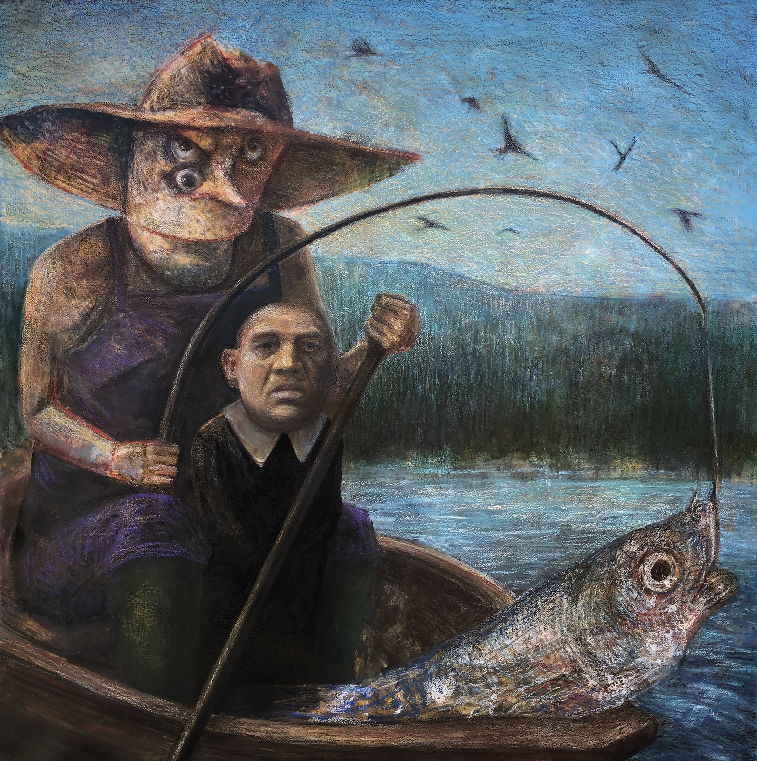 "Bad Fishing Trip" Mixed Media on Arches 140 lb. Watercolor paper 42" x 43"