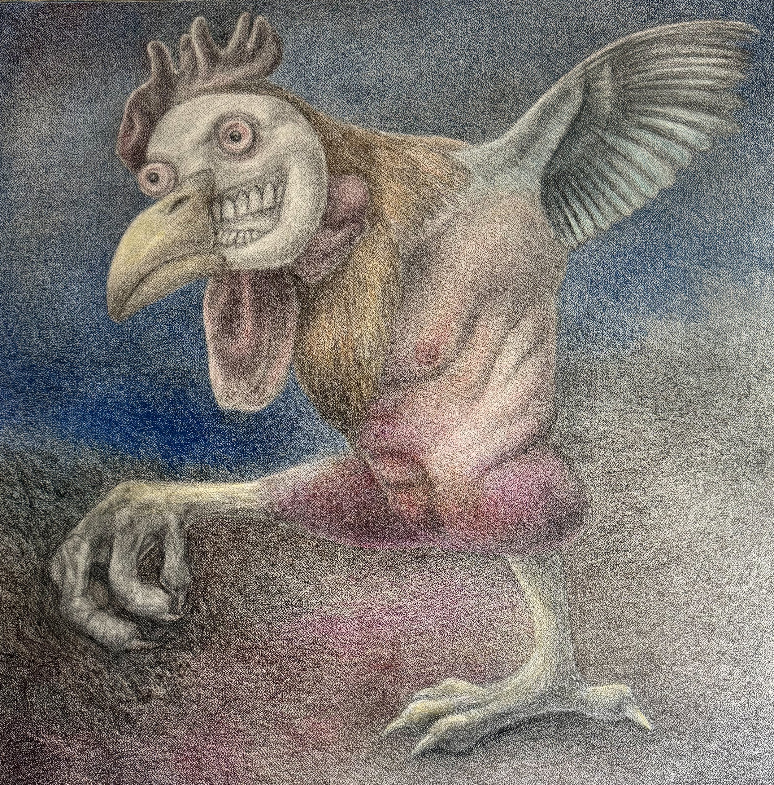 Crazy Rooster Man 31" x 31", Colored pencil on Arches 140 lb watercolor paper