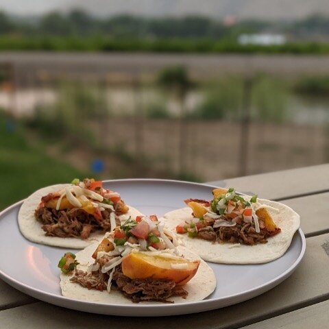 Yummy carnitas and grilled peach tacos this evening at @ranchodurazno , great photo by @ride4moore