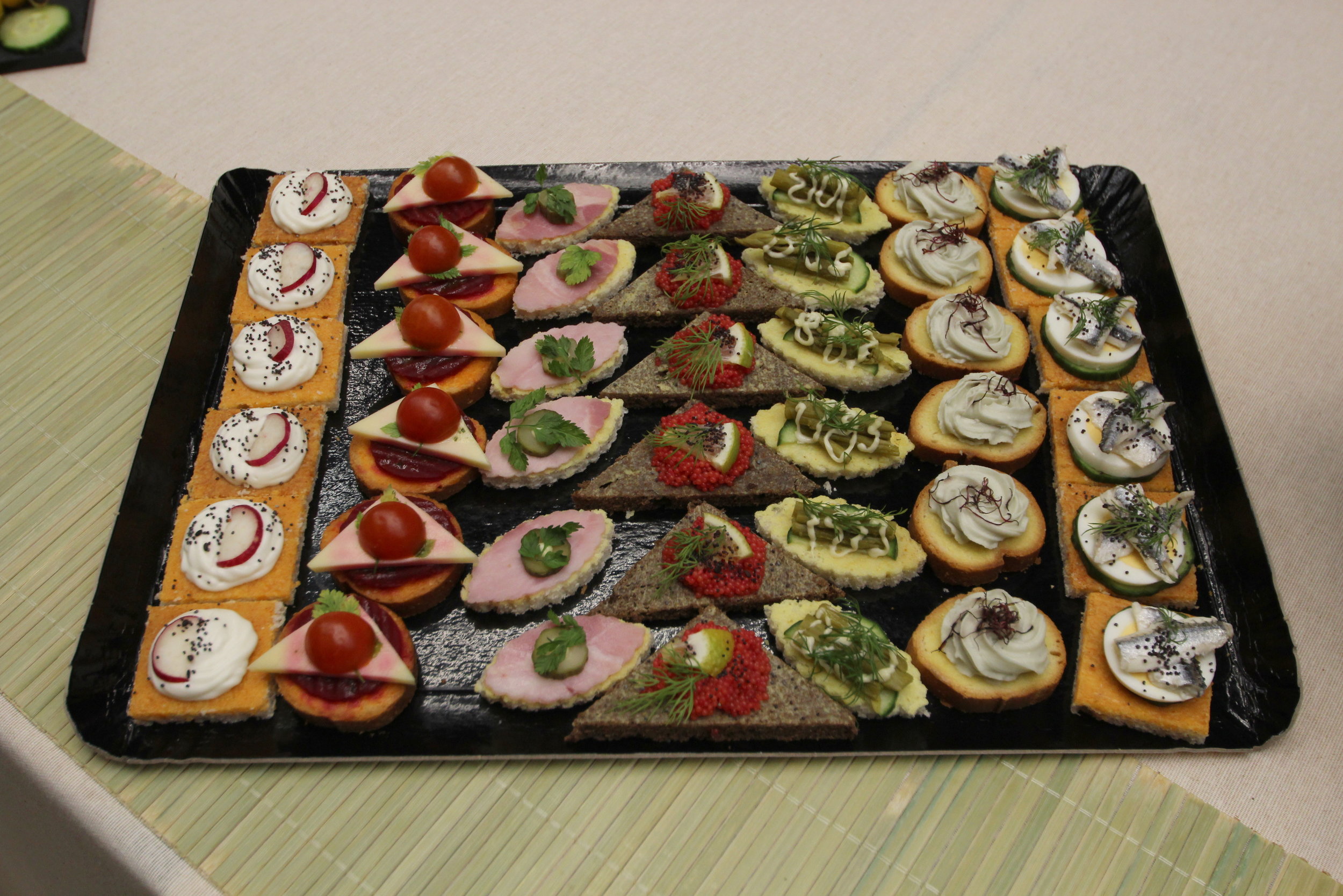 metal tray with a selection of hor dorves, different kinds of