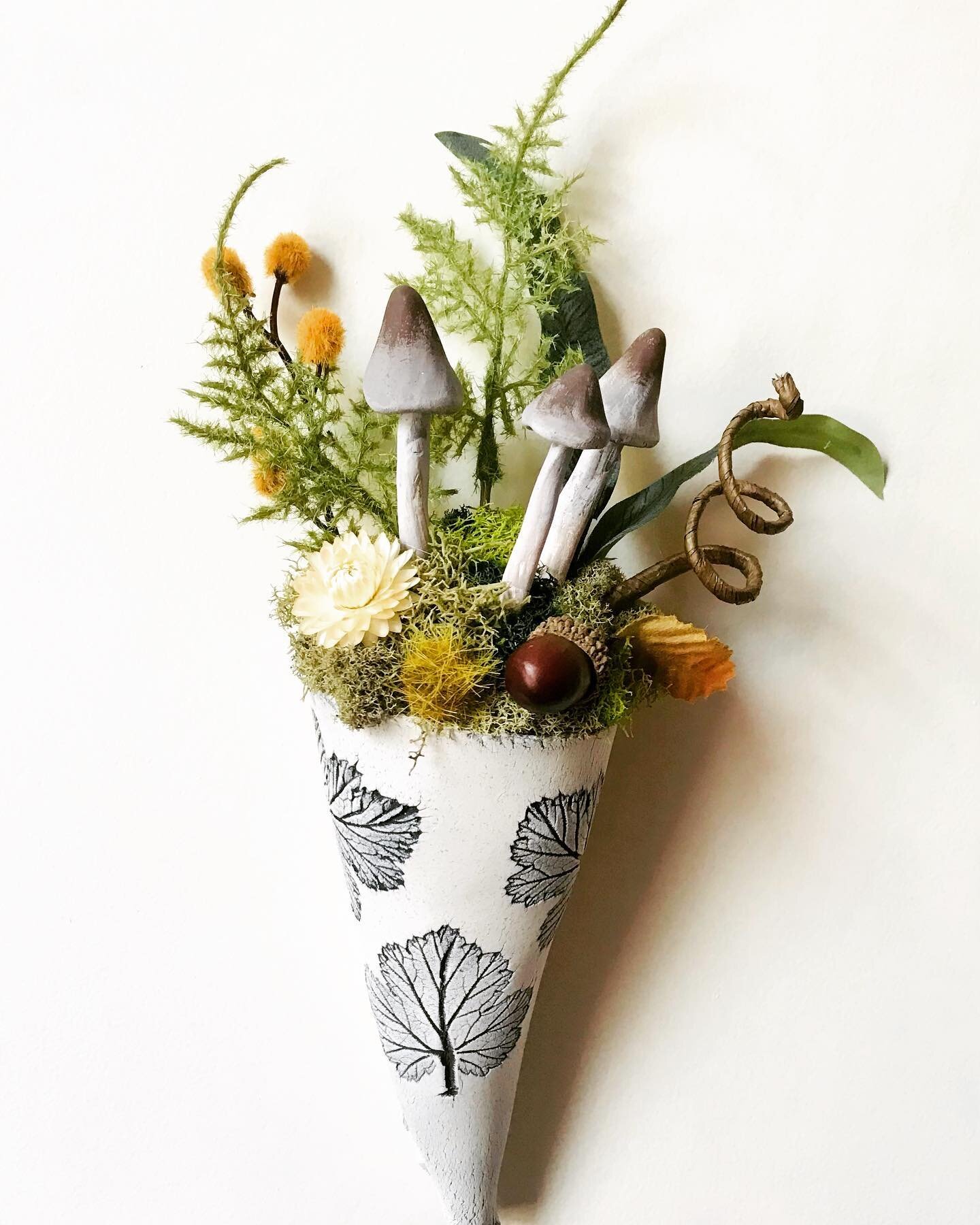 Super excited to roll these out this fall. Botanical imprinted cone, handmade mushrooms, and a forest floor type flower arrangement☺️ I stocked my shelves with a few @shopcrompton  Crompton Coolective!