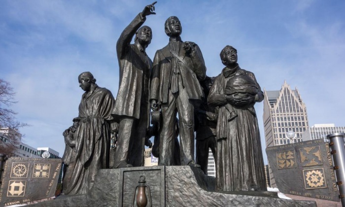 The Gateway to Freedom sculpture by Ed Dwight, Riverside, downtown Detroit. Photograph: Alamy