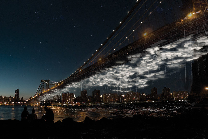 Constellation Park lights up the East River through pods containing decomposing biomass — the cemetery of the future. COURTESY OF COLUMBIA DEATHLAB