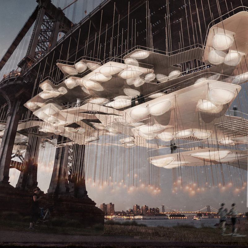A view of Constellation Park, Columbia University DeathLab’s cemetery under the Manhattan Bridge. COURTESY OF COLUMBIA DEATHLAB