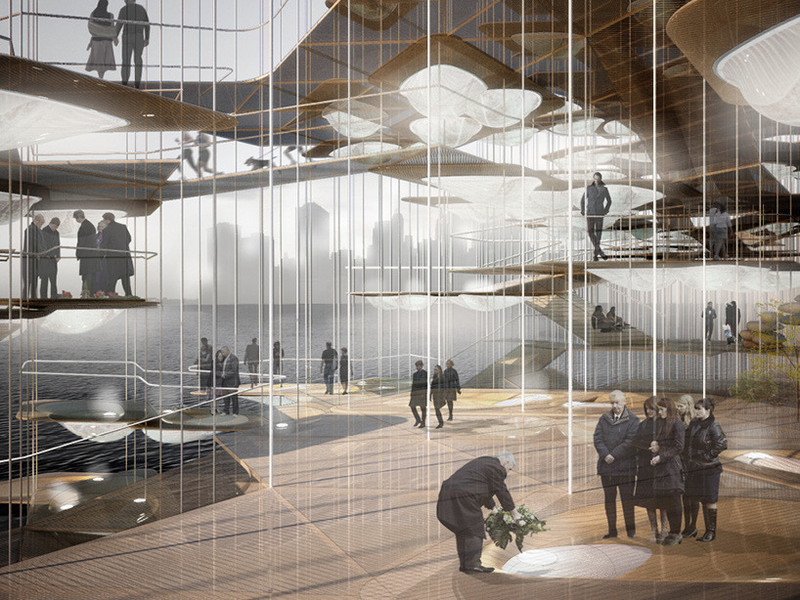 Mourners visit their loved ones in an artist’s rendering of Constellation Park, a new cemetery envisioned by Columbia University’s DeathLab. COURTESY OF COLUMBIA DEATHLAB