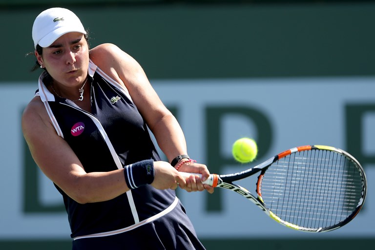 Ons Jabeur of Tunisia bears down at the 2015 BNP Paribas Open in Indian Wells, California.SOURCE MATTHEW STOCKMAN/GETTY