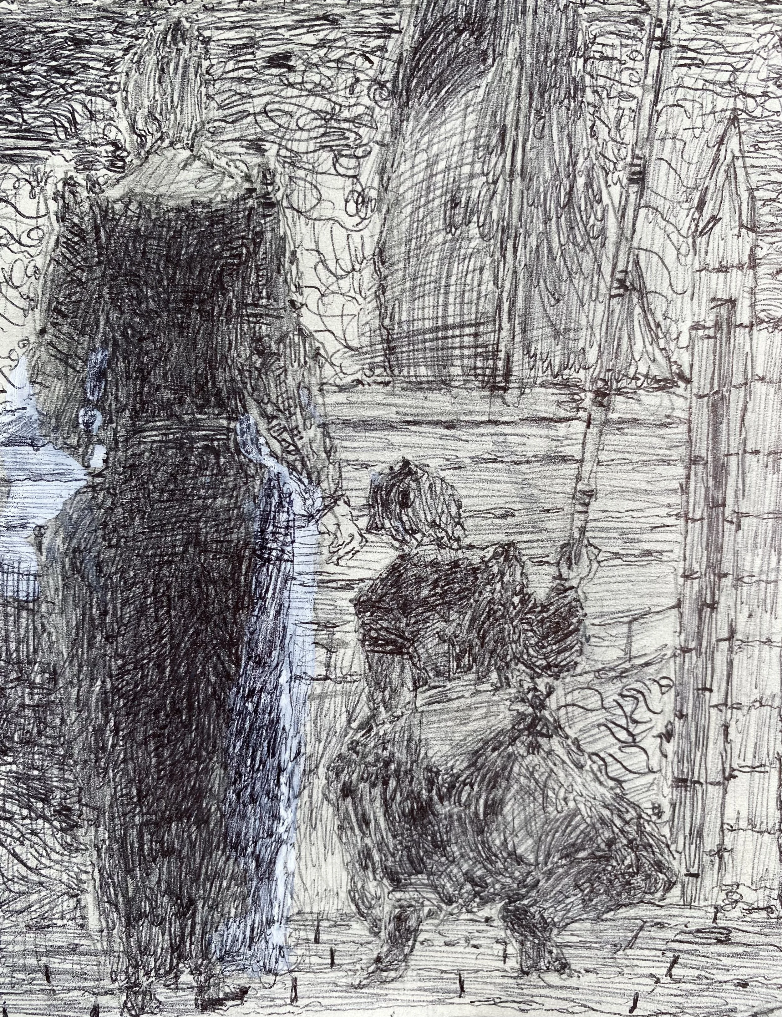 (detail) drawing for Boathouses and distant town