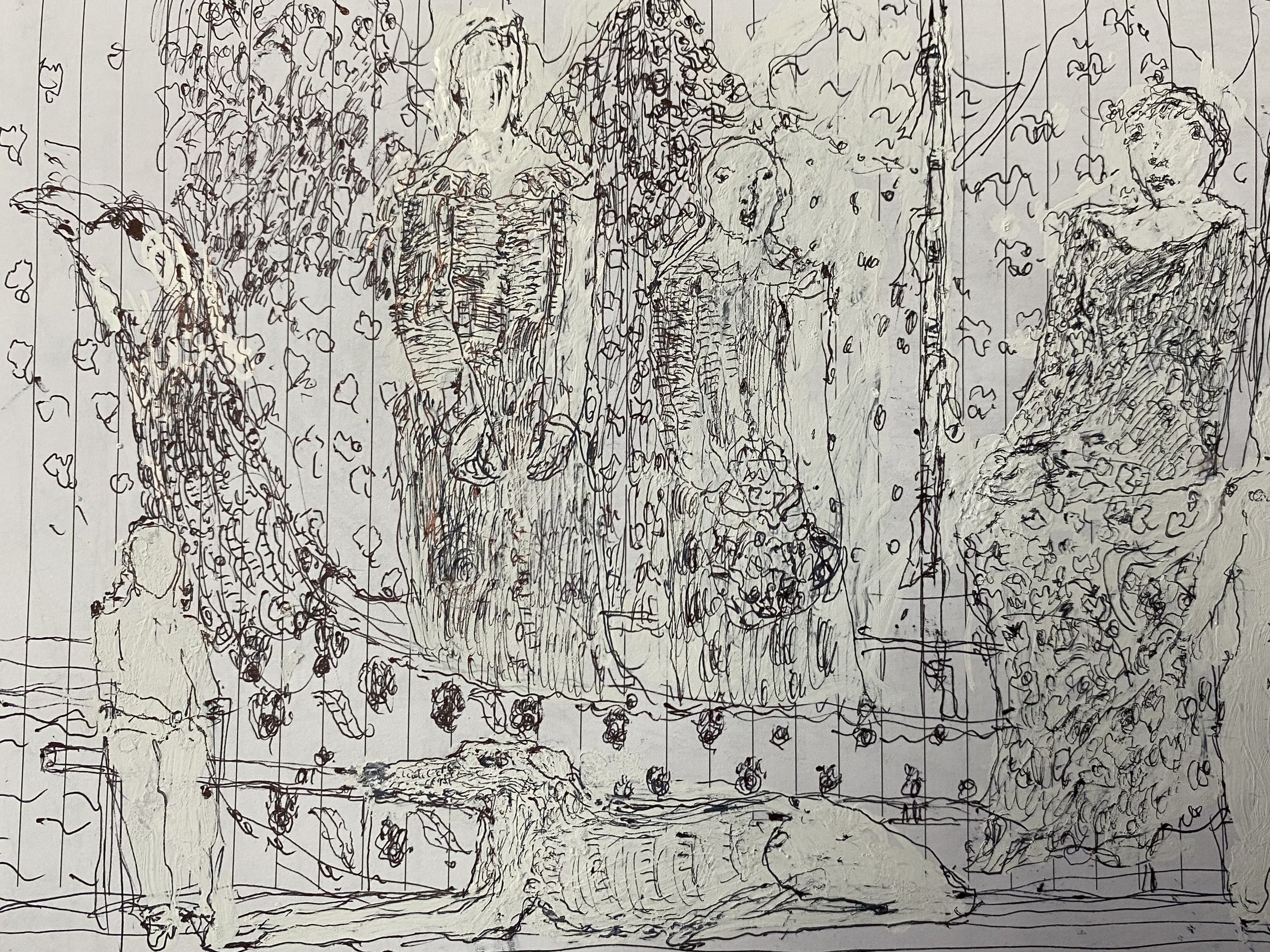 ..detail: drawing  for oil composition 5 figures on jetty with whippet and bird boat