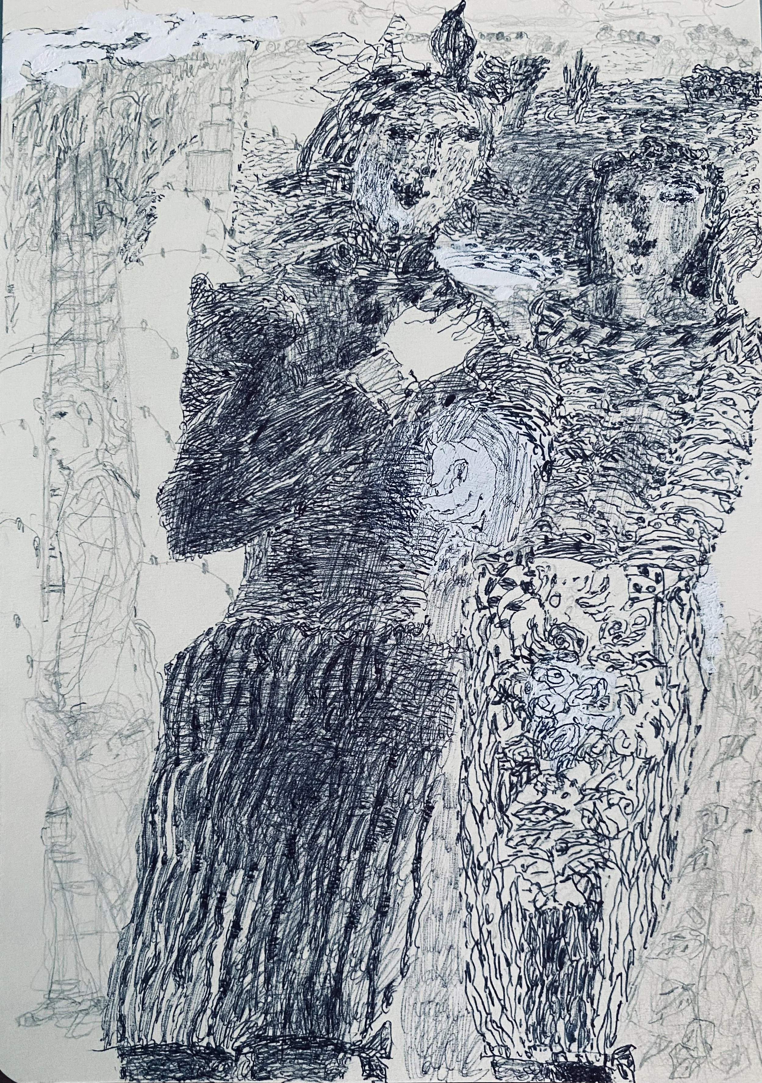 drawing for ”in the distance bonfire smoke and kites"