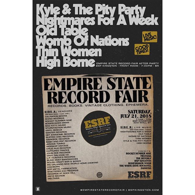 This SATURDAY catch Kyle &amp; The Pity Party, Nightmares For A Week, and more at BSP Kingston for the Empire State Record Fair after party in the BSP front room. 7pm / $5. 
#empirestaterecordfair #boneshakerrecords #kyleandthepityparty #nightmaresfo