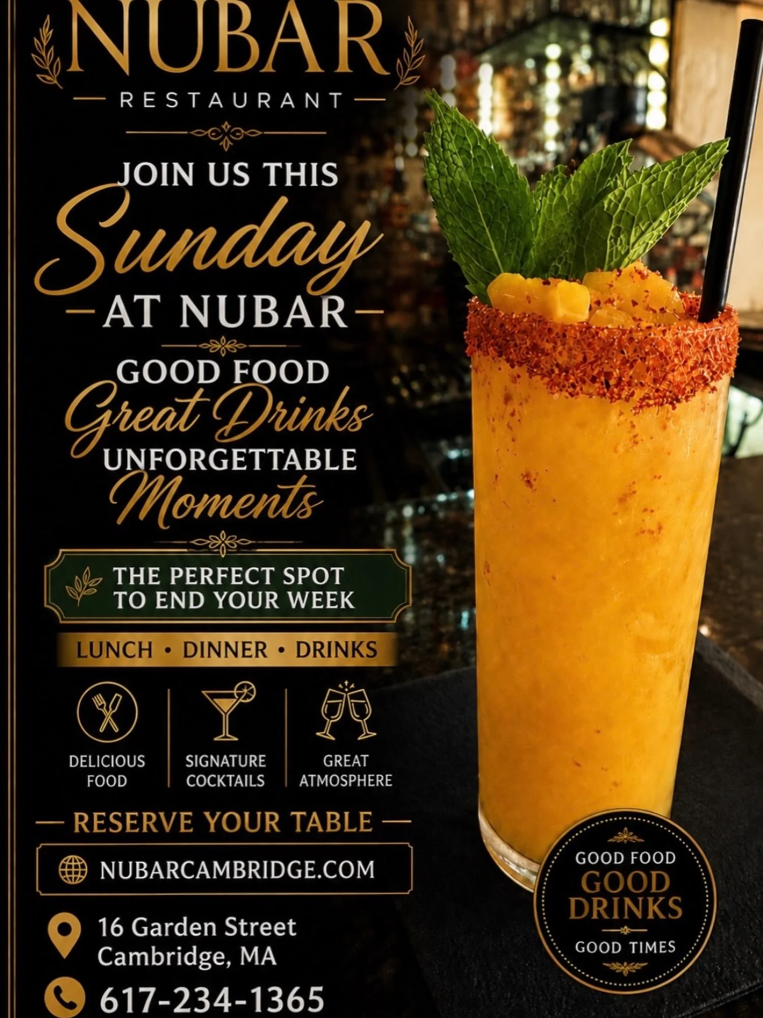 ✨ Sunday at Nubar! ✨
End your week with great food, signature drinks, and unforgettable moments. 🍽️🍹

📍 16 Garden Street, Cambridge, MA
📞 617-234-1365
🌐 NubarCambridge.com

Join us this Sunday! 🥂

#NubarCambridge #SundayAtNubar #CambridgeMA #Go