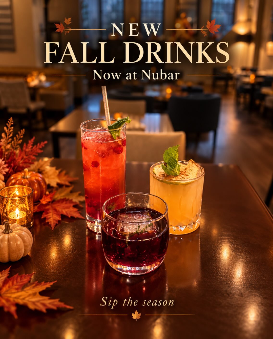 🍂🍸 Sip into Fall at Nubar!

New season, new flavors! 🍁✨ Discover our delicious new fall cocktails and toast to the season with us!

🥂 Your perfect fall sip awaits!

#Nubar #FallCocktails #SipTheSeason #NewFallDrinks #cheerstofall🍁🍂