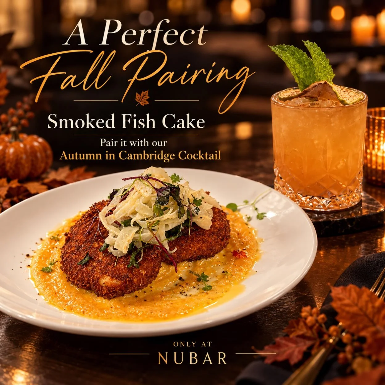 The Perfect Fall Pairing at Nubar! 🍸

Enjoy our delicious Smoked Fish Cake, perfectly paired with our Autumn in Cambridge Cocktail.

Two fall favorites, one unforgettable experience. ✨

📍 Only at Nubar!

#Nubar #AutumnInCambridge #FallFlavors #Camb
