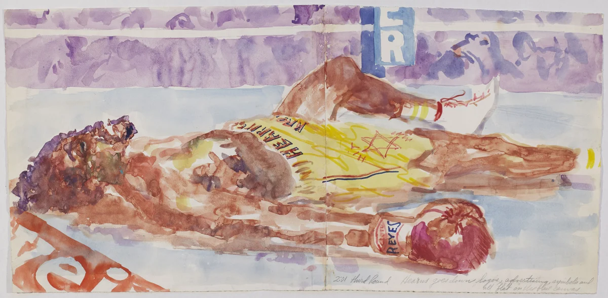 Hearns goes down in the 3rd, mixed media on paper, 13.5 x 28.5 in