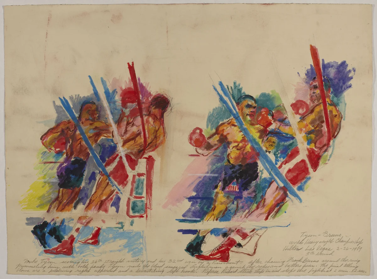 Tyson vs Bruno, 5th Round, mixed media on paper, 22 x 30 in, 1989
