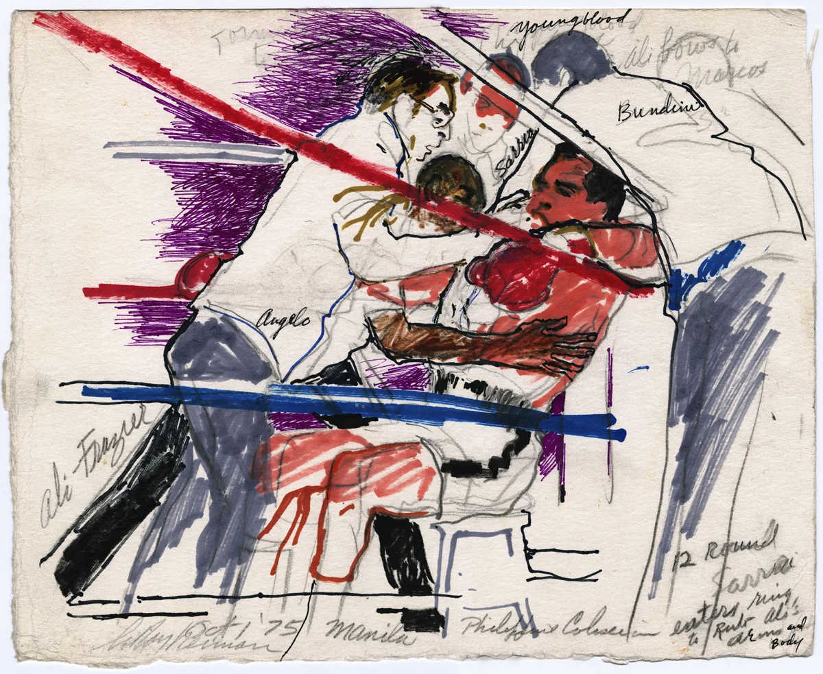 Ali vs Frazier in Manila, mixed media on paper, 12 x 14.75 in, 1975