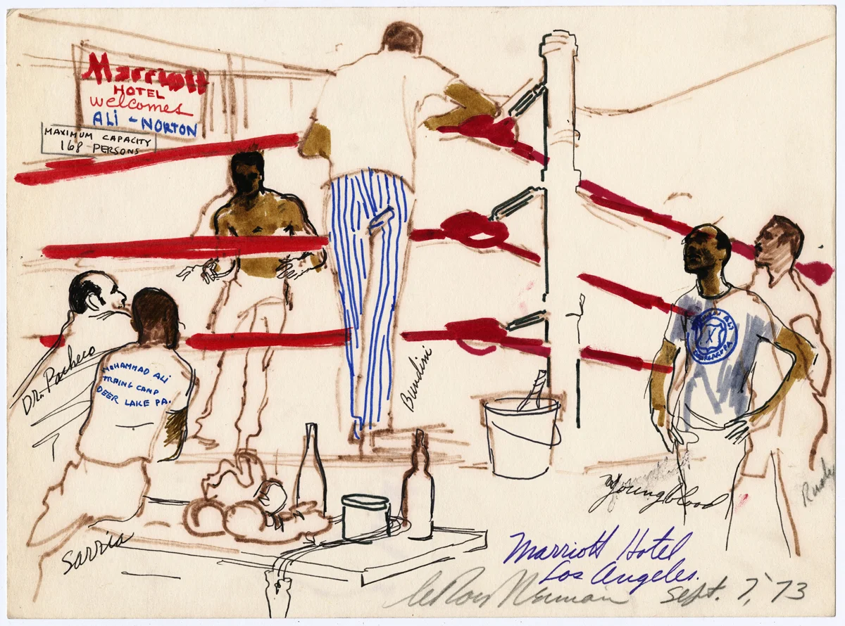 Ali Shadowboxing at the Marriott Hotel, LA, mixed media on paper, 9.5 x 13 in, 1973