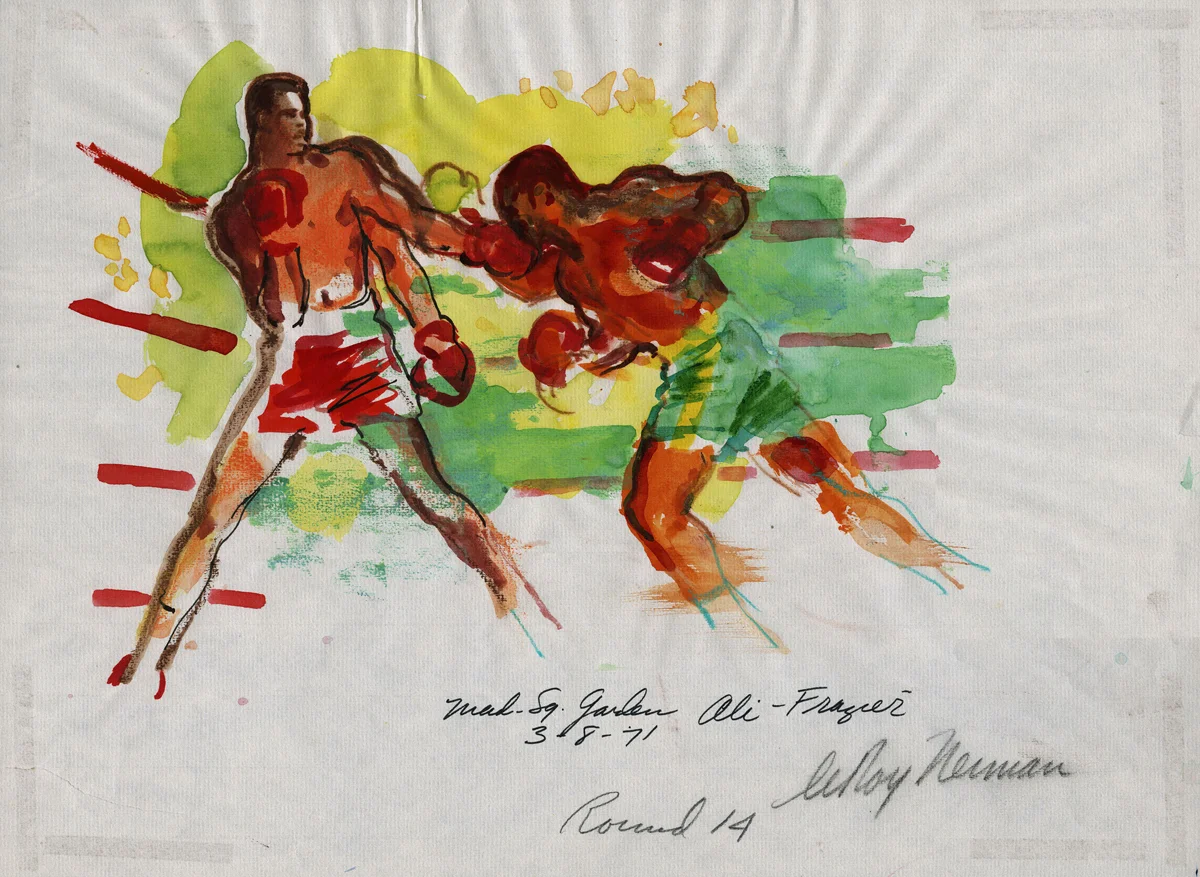 Round 14, Ali vs Frazier at Madison Square Garden, mixed media on paper, 12 X 16 in, 1971