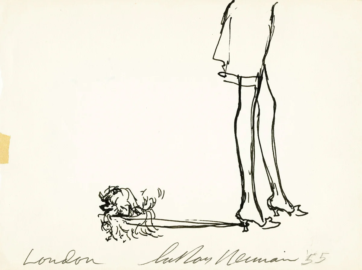 SOLD Dog Walking Her Owner in London, Ink on Paper, 5 x 6.75 in, 1955