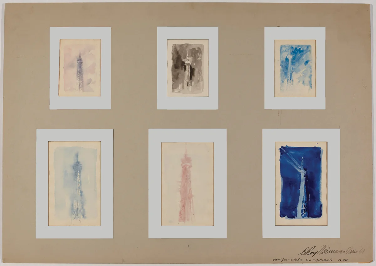 View from my studio in Paris, Eiffel Towers, Mixed Media on Paper, 21 x 30 in, 1961