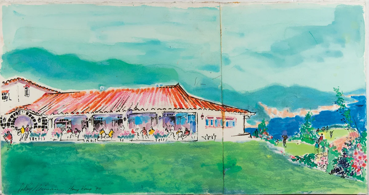 Hong Kong Golf Course, Mixed Media on Paper, 13.5 X 25.5 in, 1990