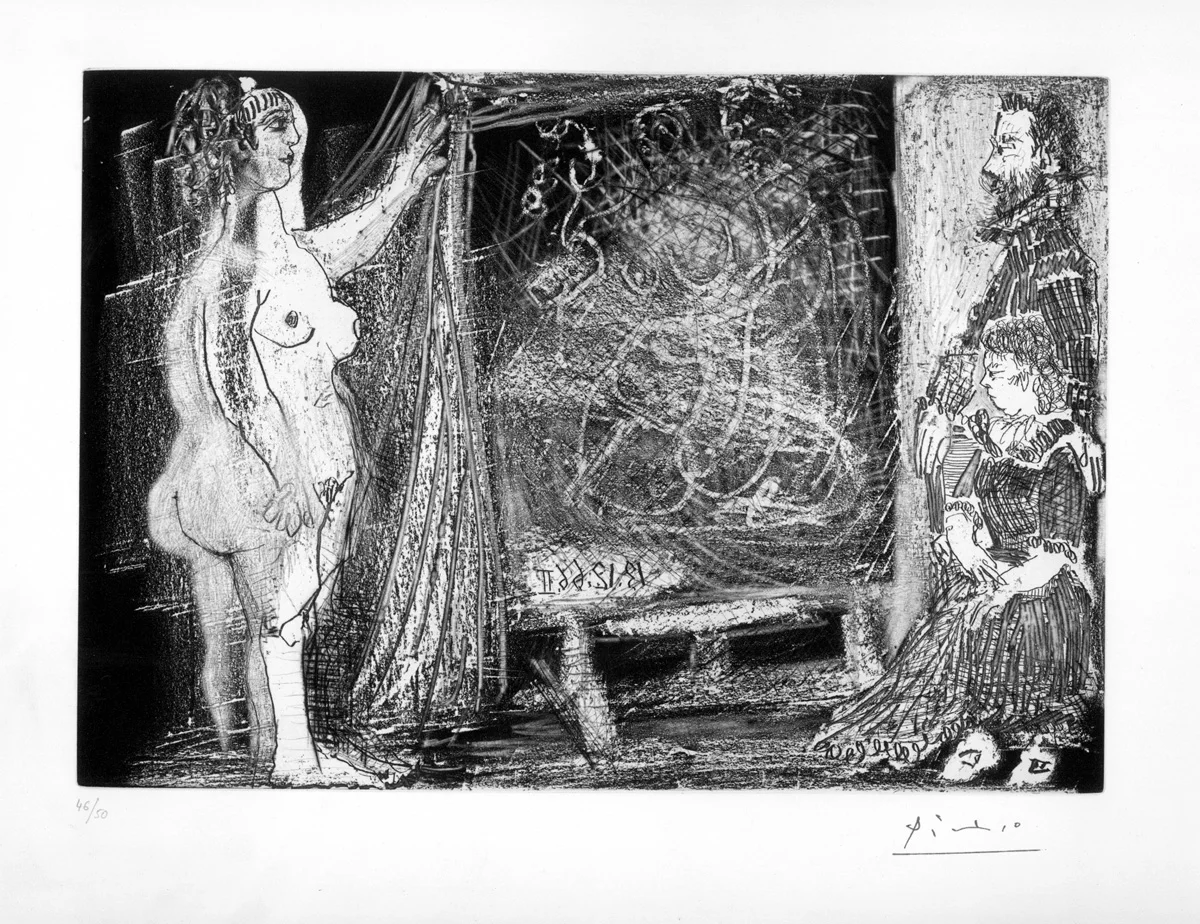 Dans l'Atelier: Modele et Deux Amateurs, Drypoint, etching, and aquatint, 8.7 x 12.6 in, 1966
