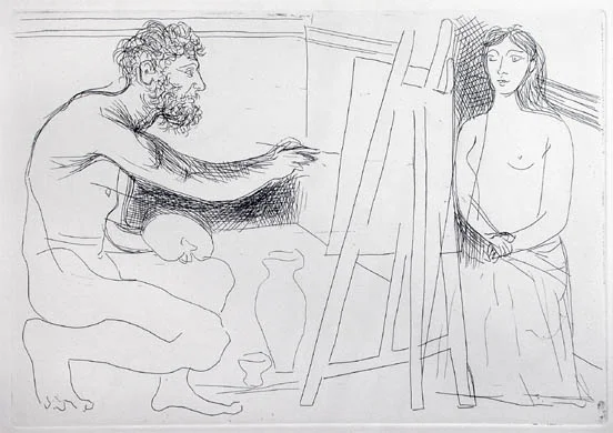 Peintre Devant son Chevalet avec un Modèle aux Longs Cheveux, Etching and Aquatint, 7.5 x 11 in, signed in ink, 1927