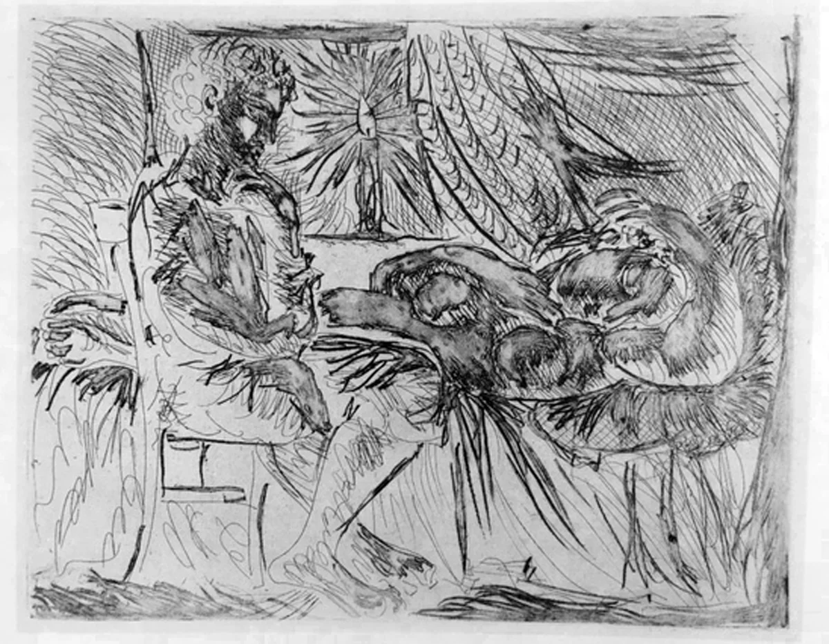 Garçon et dormeuse à la chandelle, Etching and Aquatint, 9.3 x 11.7 in, signed, 1934