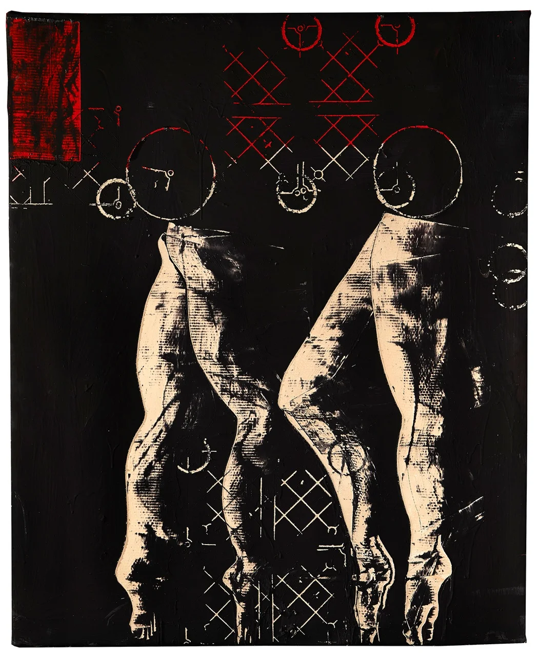 AGUSTI PUIG, Four dancing legs, mixed media on canvas, 63 x 51 in, 2017