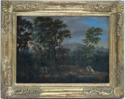 Ecole française 18th c, Paysage, Oil on panel, 7.7 x 10.5 in