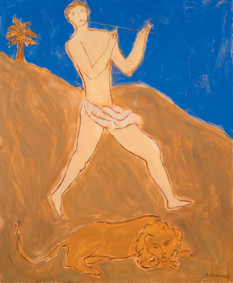 Here is coming gamboling among the mountains and traversing hills, Oil on paper on board, 26 x 21 in