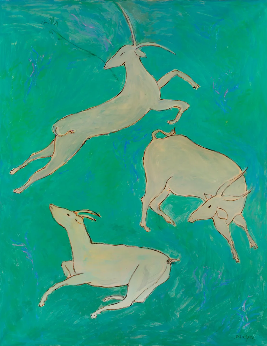 The flock of goats undulate on the slope of the Galaad, Oil on paper on canvas, 57.5 x 45 in