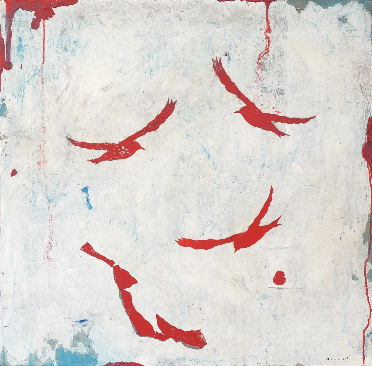 Ciel et oiseaux rouges, Mixed media on canvas, 32 x 32 inches, 2017