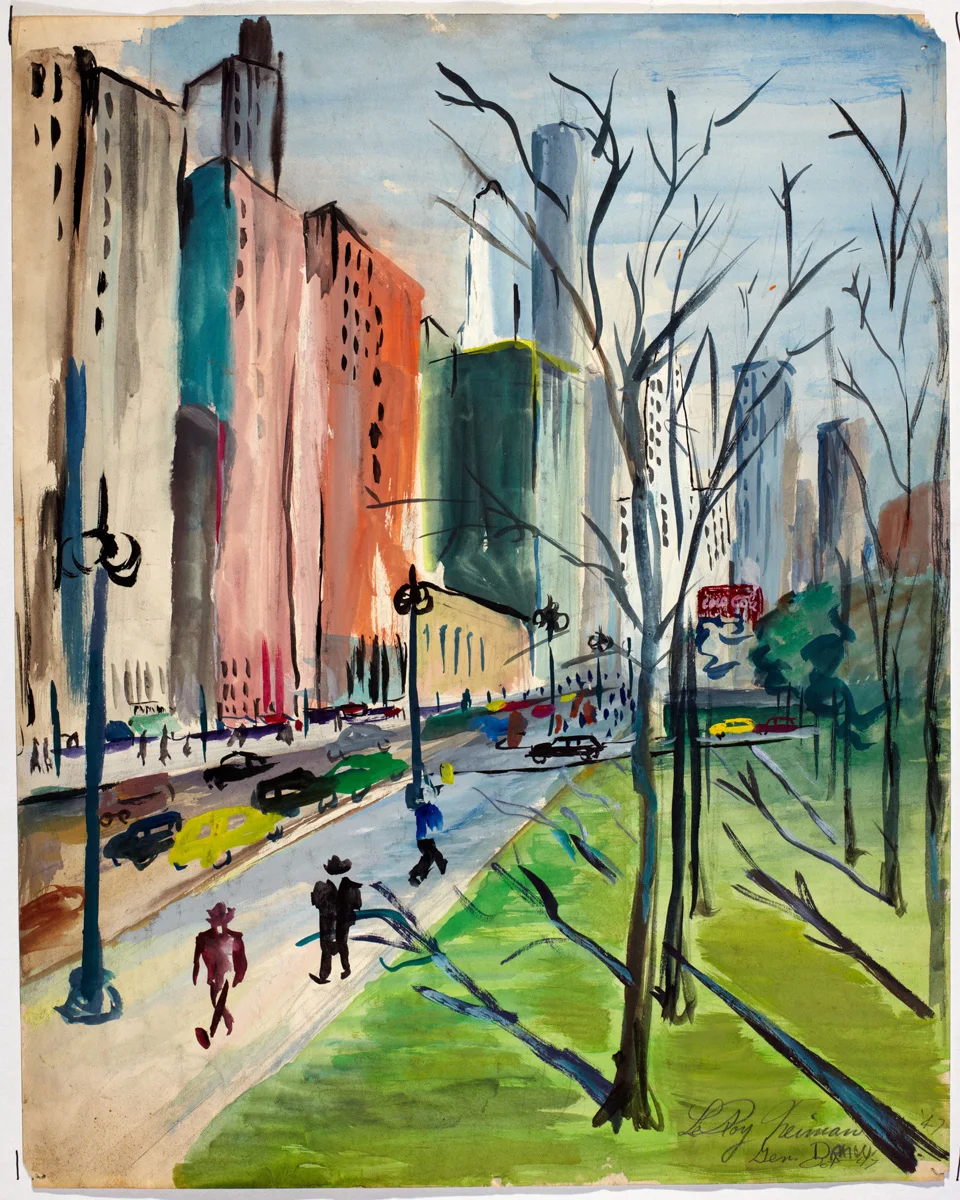 SOLD Parkside Scene, mixed media on paper, 24 x 19 in., 1947