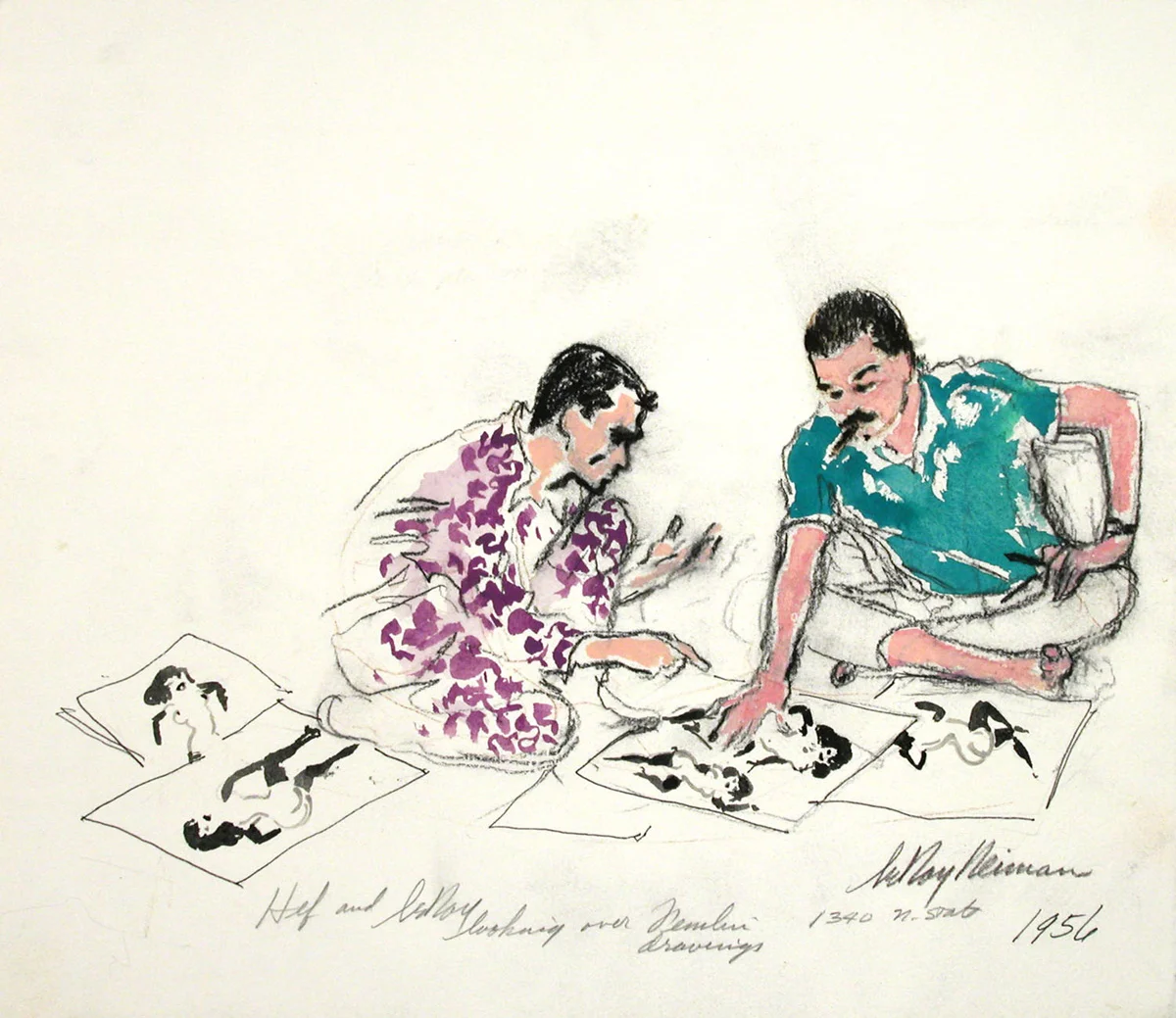 SOLD Hef and LeRoy looking at Femlin Drawings, mixed media on paper, 13 x 15 in., 1956