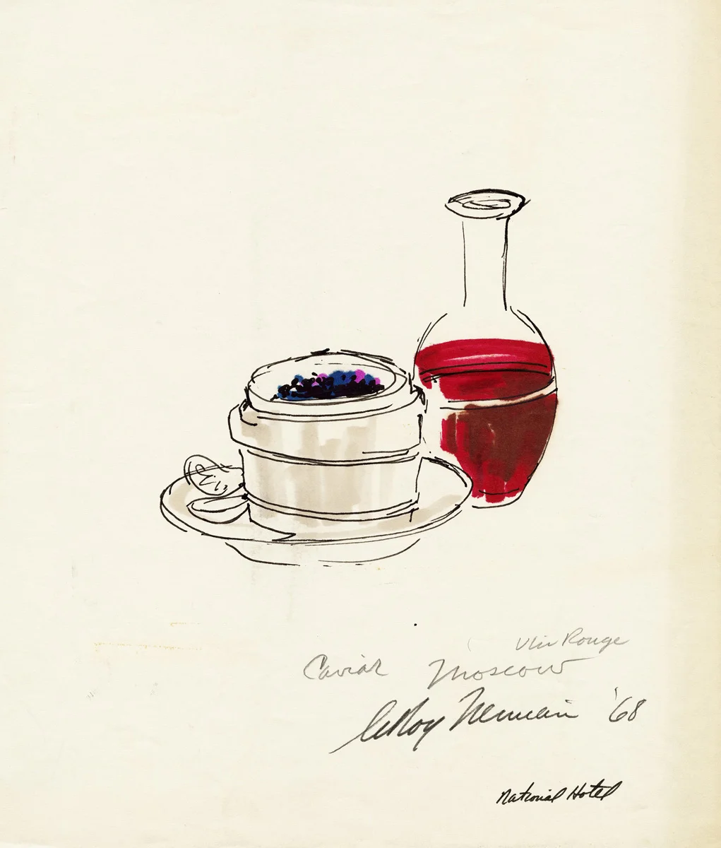 Caviar and Vin Rouge in Moscow, mixed media on paper, 12.5 x 10.75 in., 1968