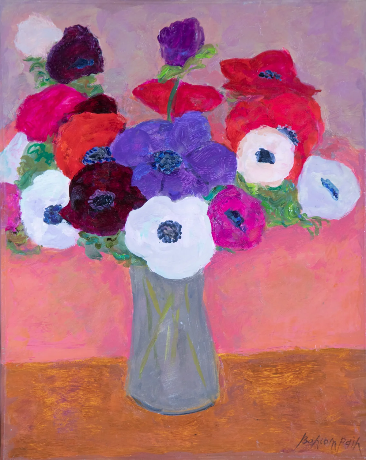 SOLD Anémones au fond rose, oil on canvas, 16 x 13 in. (41 x 33 cm)