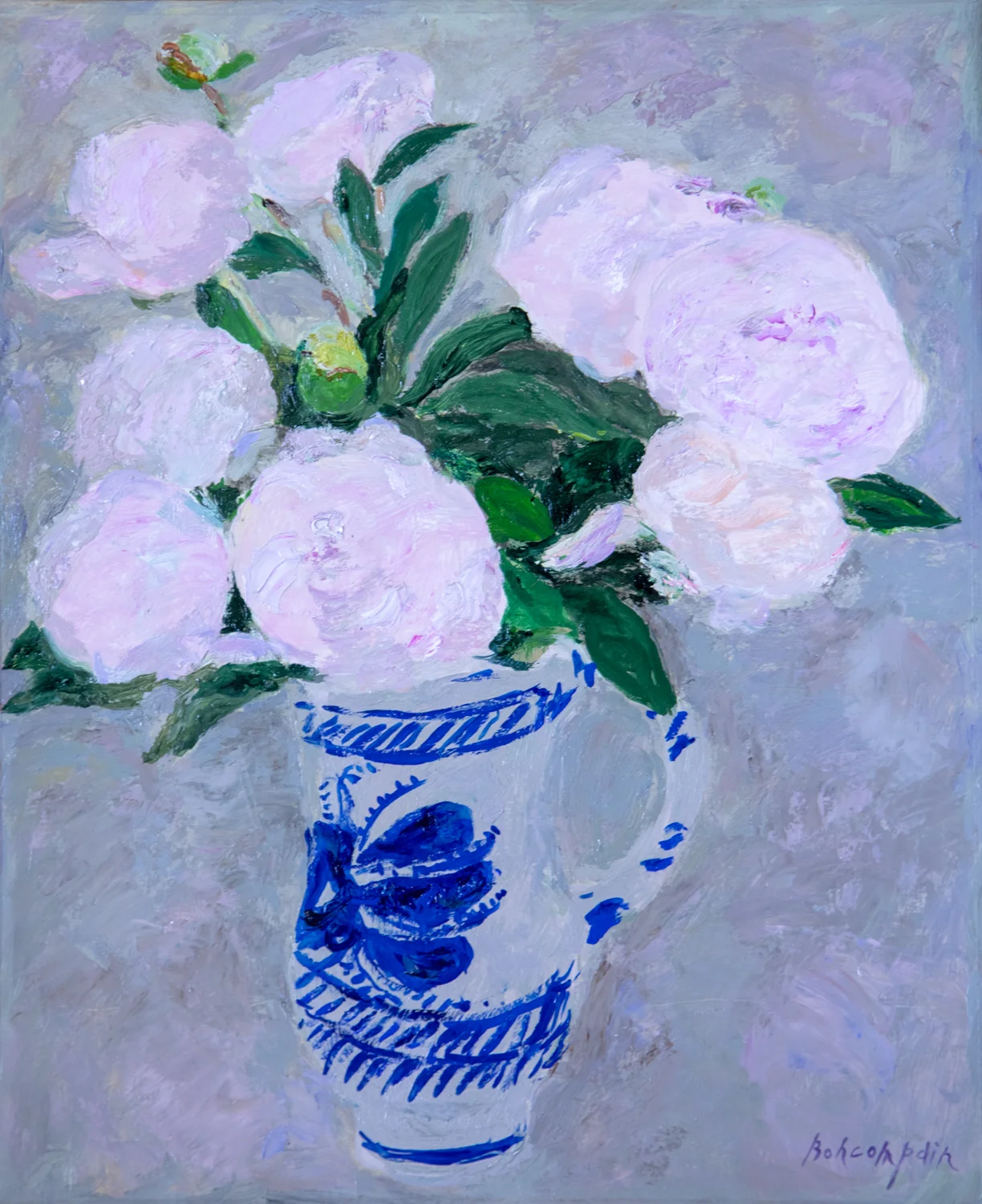 Pierre Boncompain: Pivoines dans le vase bleu et blanc, oil on canvas, 18 x 15 in. (46 x 38 cm)