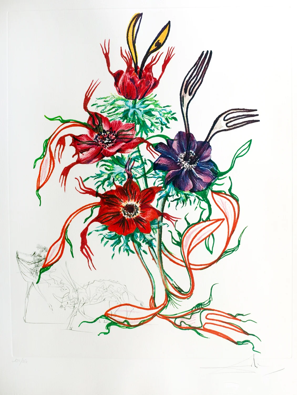 SOLD Florals, (Surrealistic Flowers 1972): Anemone per anti pasti (Anemone & Forks), heliogravure with etching, 23 x 16.5, Signed 210/350, PML 551