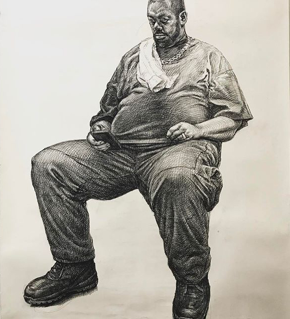 SOLD Guno Park: MTA Rider with Towel, Charcoal on Paper, 50x40 in., 2017