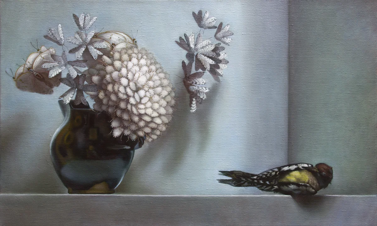 Zane York: Arrangement XV, Oil on Linen, 16x26 in., 2018 Y