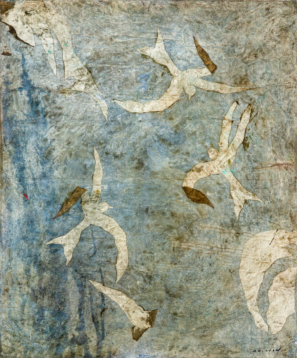 Hirondelles, mixed media on canvas, 25.5x21 in, 2019